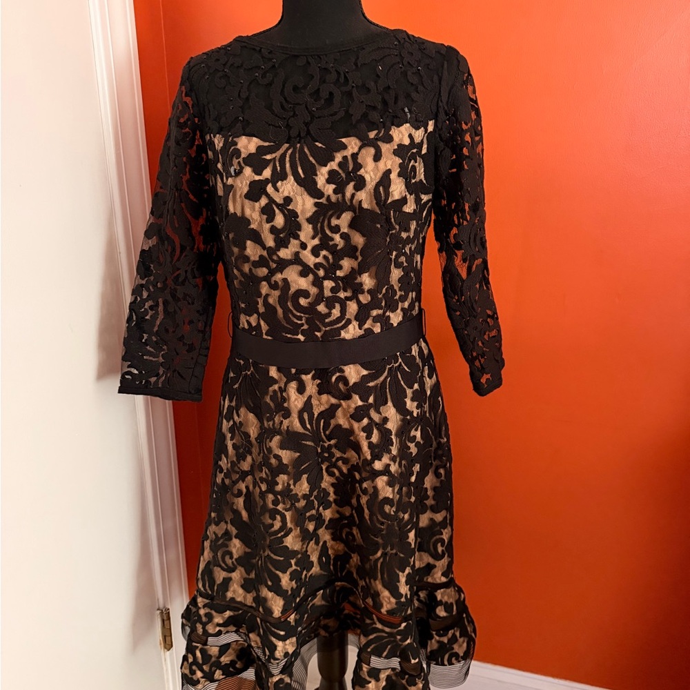 Black Lace Overlay Dress with Nude Lining